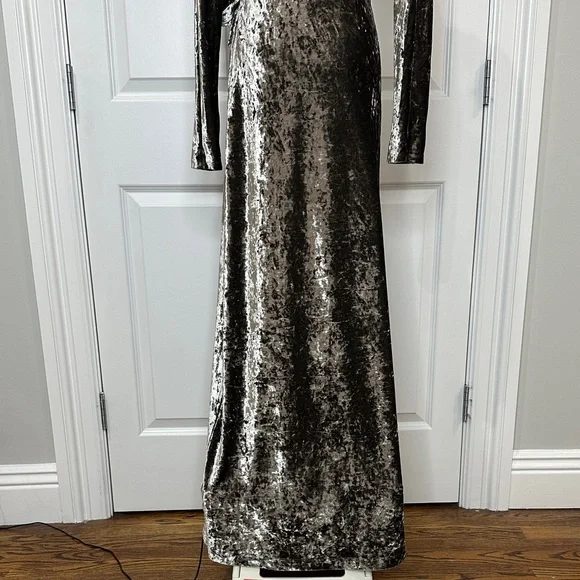 BCBGMaxAzria Metallic Gunmetal Crushed Velour New Year’s Wrap Maxi Dress Size S - Picture 10 of 13